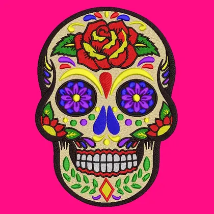 Sugar skull with rose and flowers embroidery design