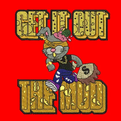 Cartoon rabbit with money bag and gold lettering embroidery design